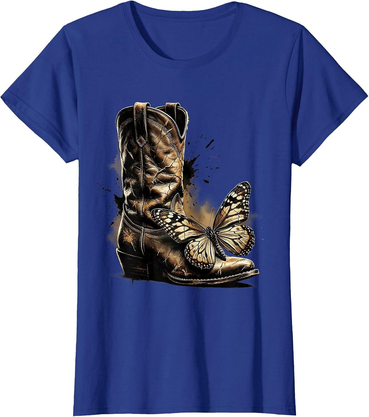 Women's Cowgirl Boot Butterfly Nature Western Graphic T-Shirt - Royal Blue