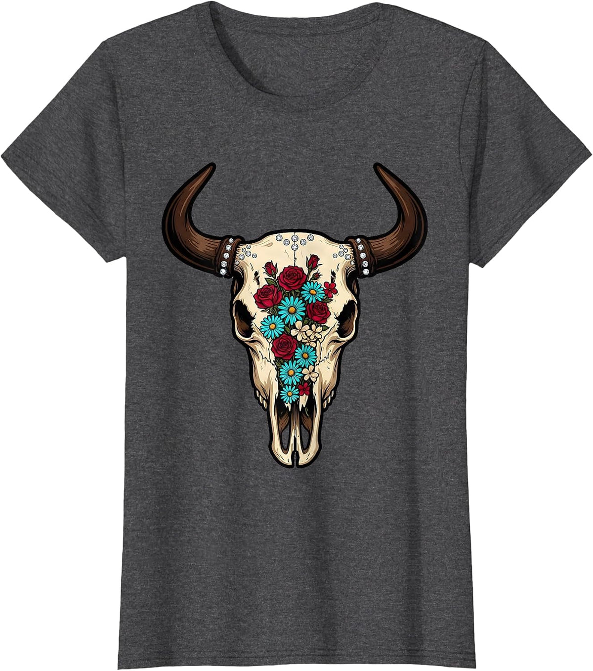 Women's Bull Skull Wildflowers Boho Western Floral Illustration T-Shirt - Dark Heather Grey