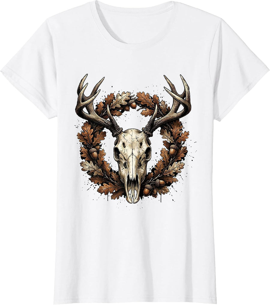 Women's Deer Skull Oak Leaf Wreath Hunting Graphic T-Shirt - White