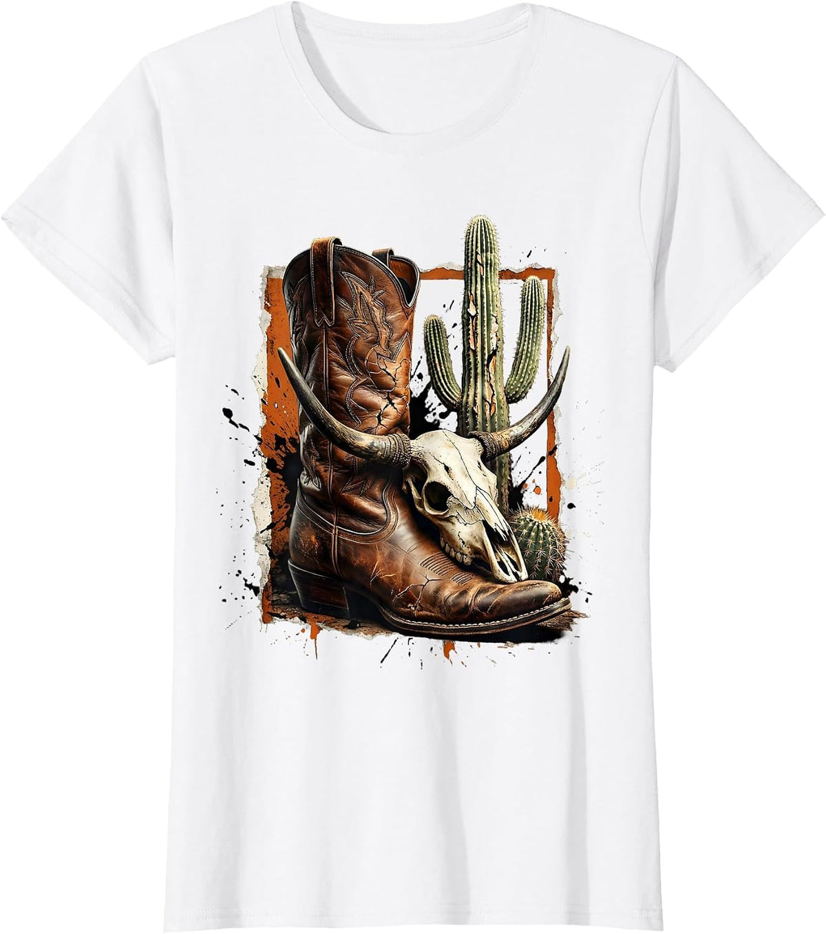 Cowgirl Boot Cactus Skull Western Graphic T-Shirt - White