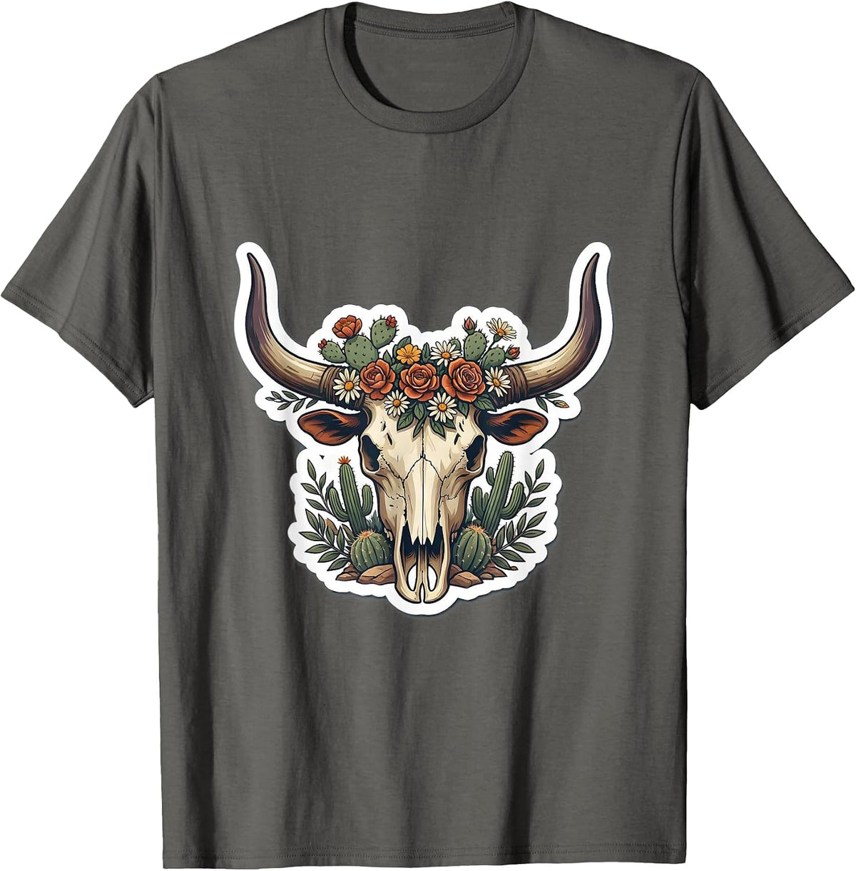 Longhorn Skull Desert Flowers Western Boho Design T-Shirt - Asphalt Grey