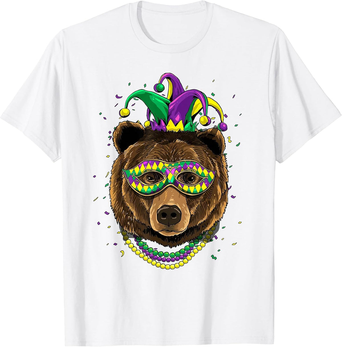 Bear Animal Lover Cute Mardi Gras Carnival Jester T-Shirt, Men, White, Large - As Pictured