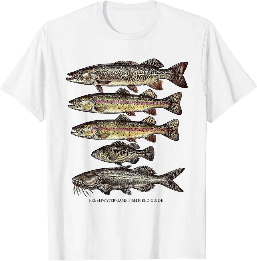 Men's Freshwater Game Fish Field Guide Crosshatch Etching Fishing T-Shirt - White