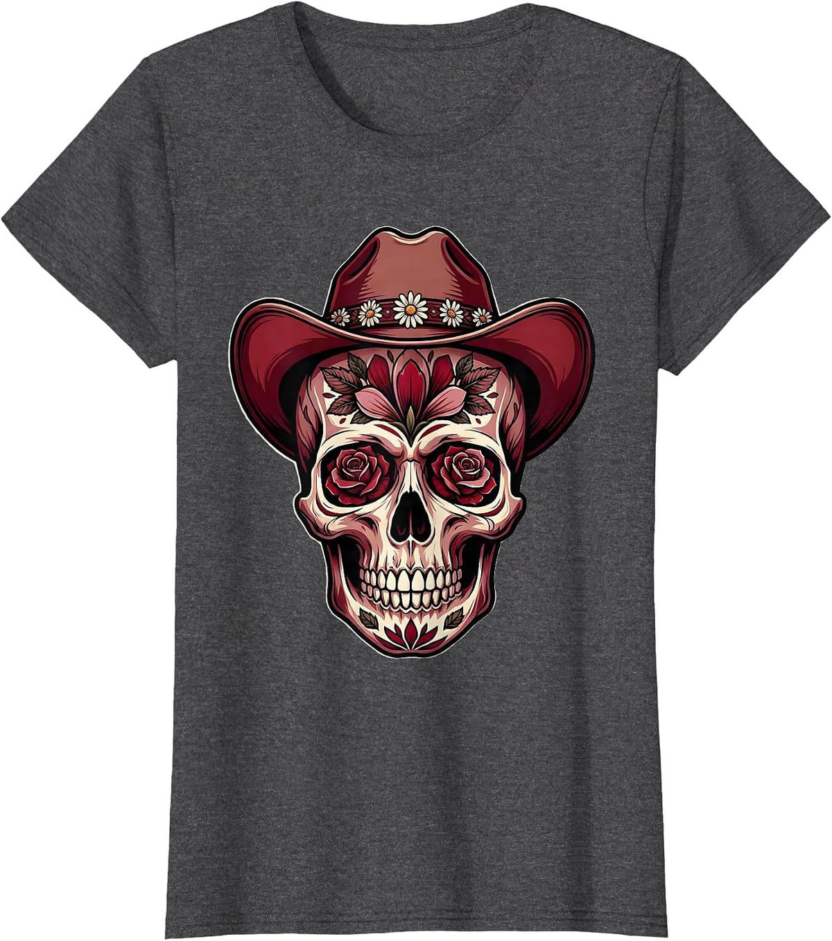 Women's Floral Skull Cowboy Hat Western Graphic Design T-Shirt - Dark Heather Grey