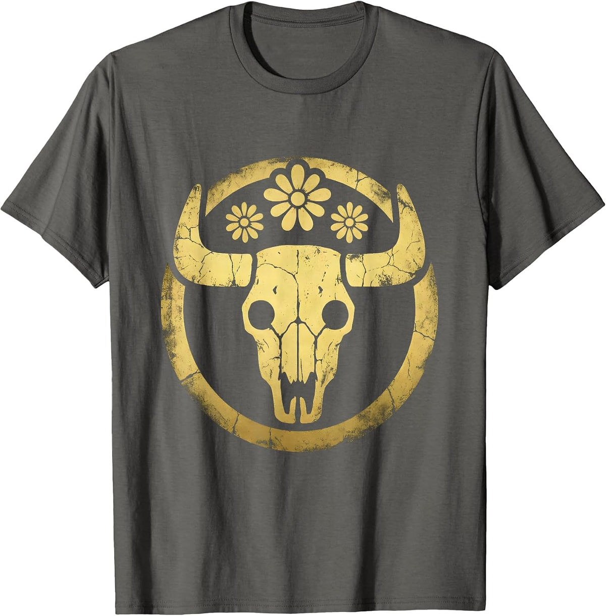 Cow Skull Floral Crown Boho Western Illustration T-Shirt - Asphalt Grey
