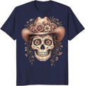 Floral Cowboy Hat Skull Western Boho Design T-Shirt - Navy Blue