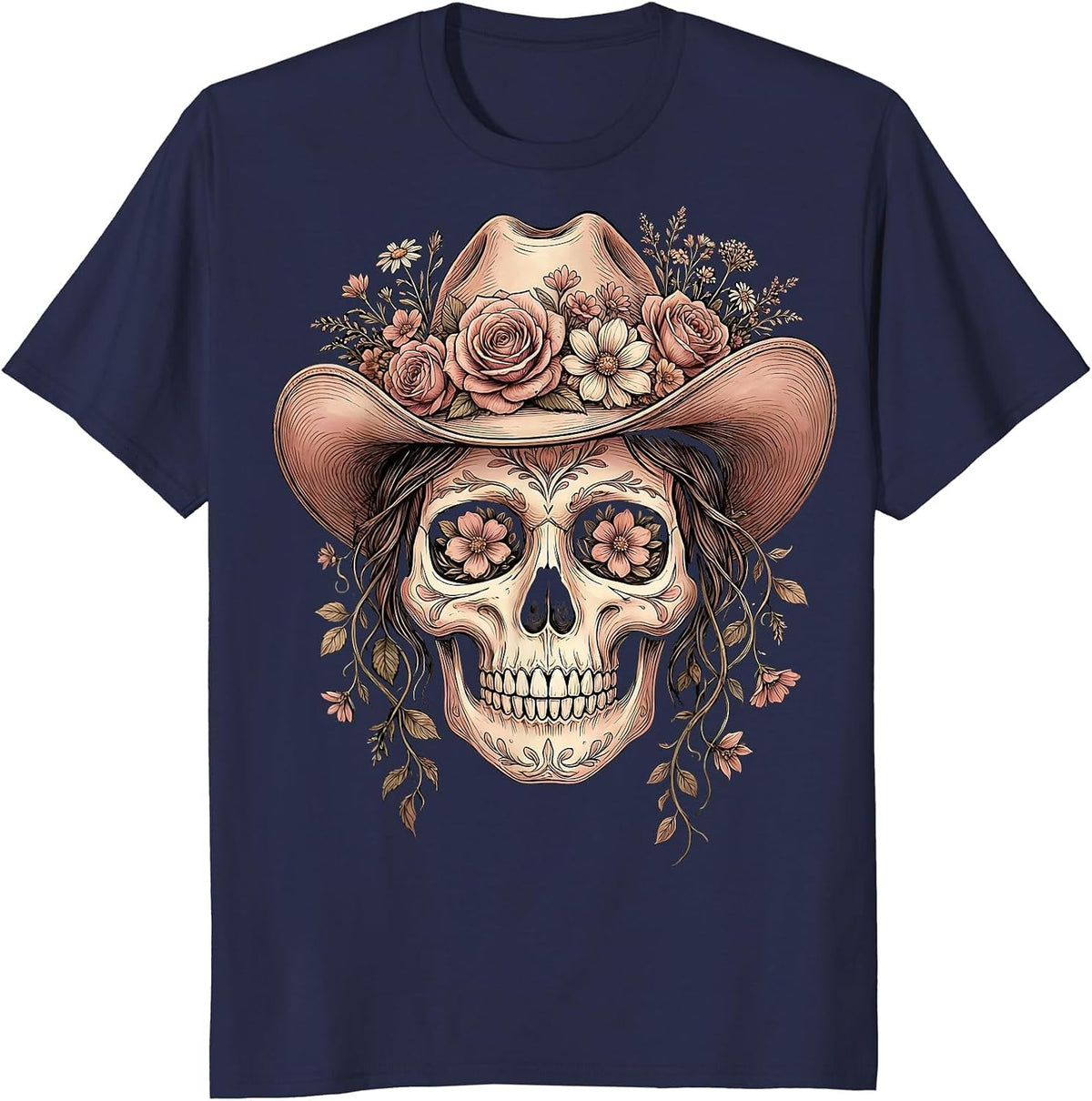 Floral Cowboy Hat Skull Western Boho Design T-Shirt - Navy Blue