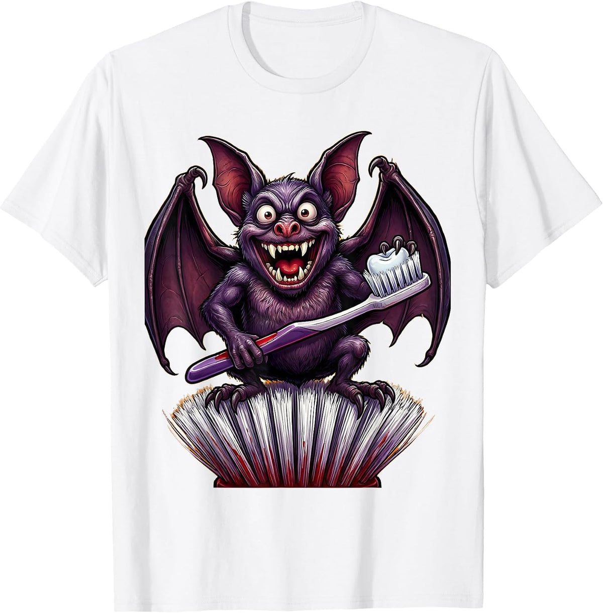Men's Vampire Bat on Toothbrush Halloween Dental Design T-Shirt - White