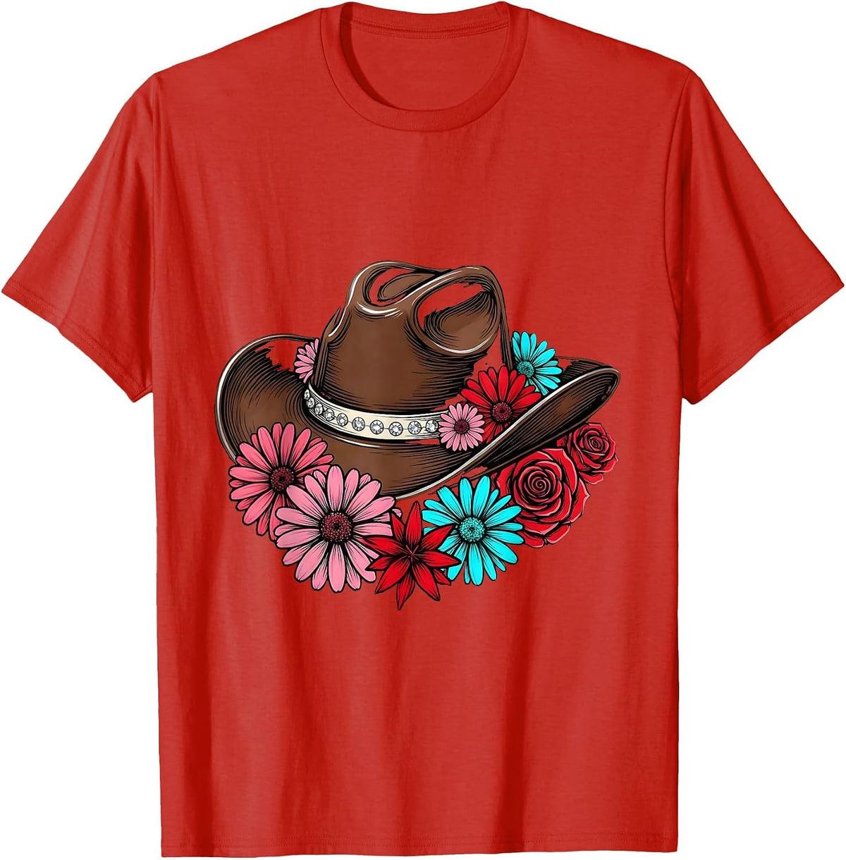 Men's Cowgirl Hat Wildflowers Boho Western Floral Design T-Shirt - Red