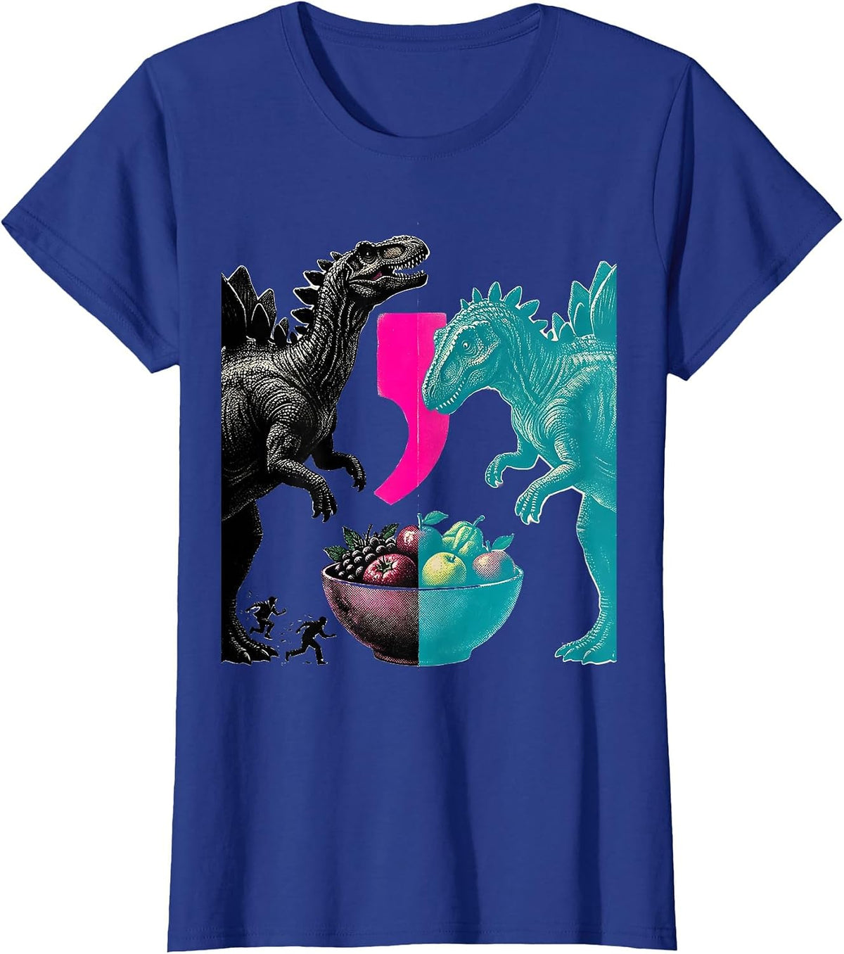 Women's Mirrored Stegosaurus Risograph Grammar Teacher Punctuation T-Shirt - Royal Blue