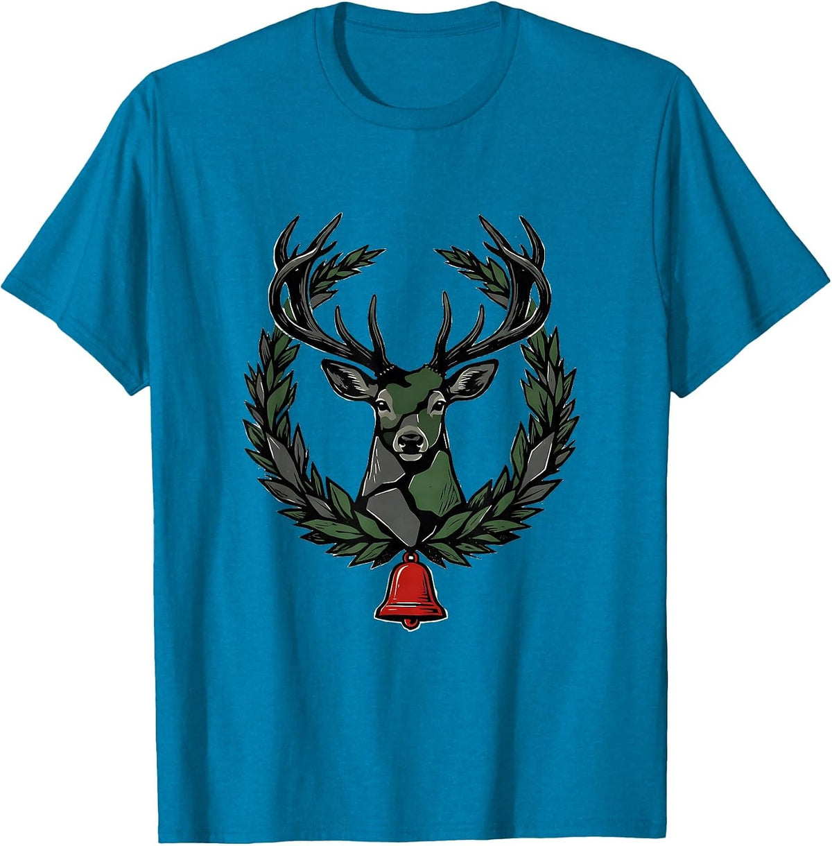 Angular Deer Wreath Camo Hunting Christmas Party T-Shirt - Sapphire Blue