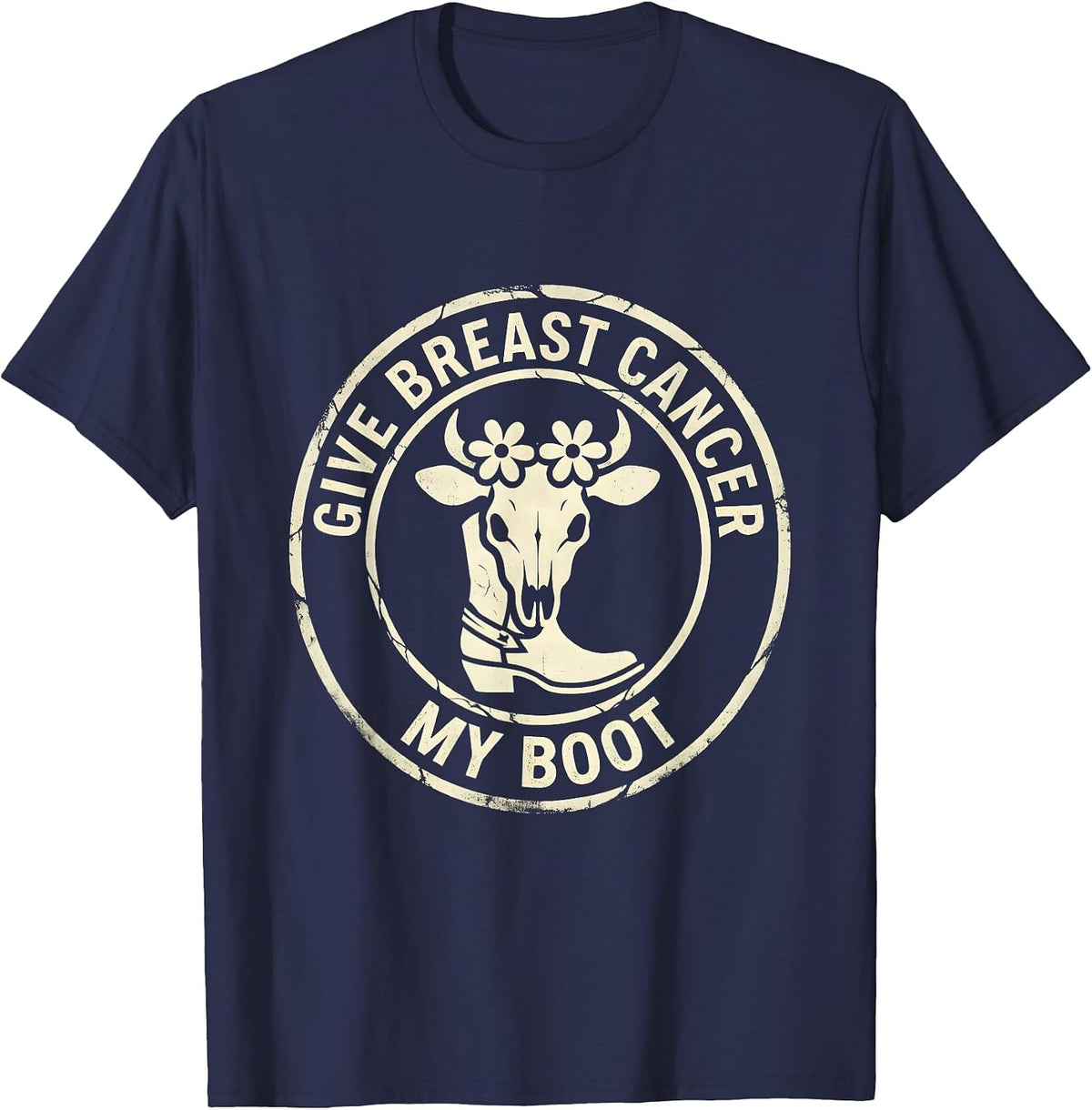 Men's Give Breast Cancer My Boot Boho Western Cowgirl Awareness T-Shirt - Navy Blue