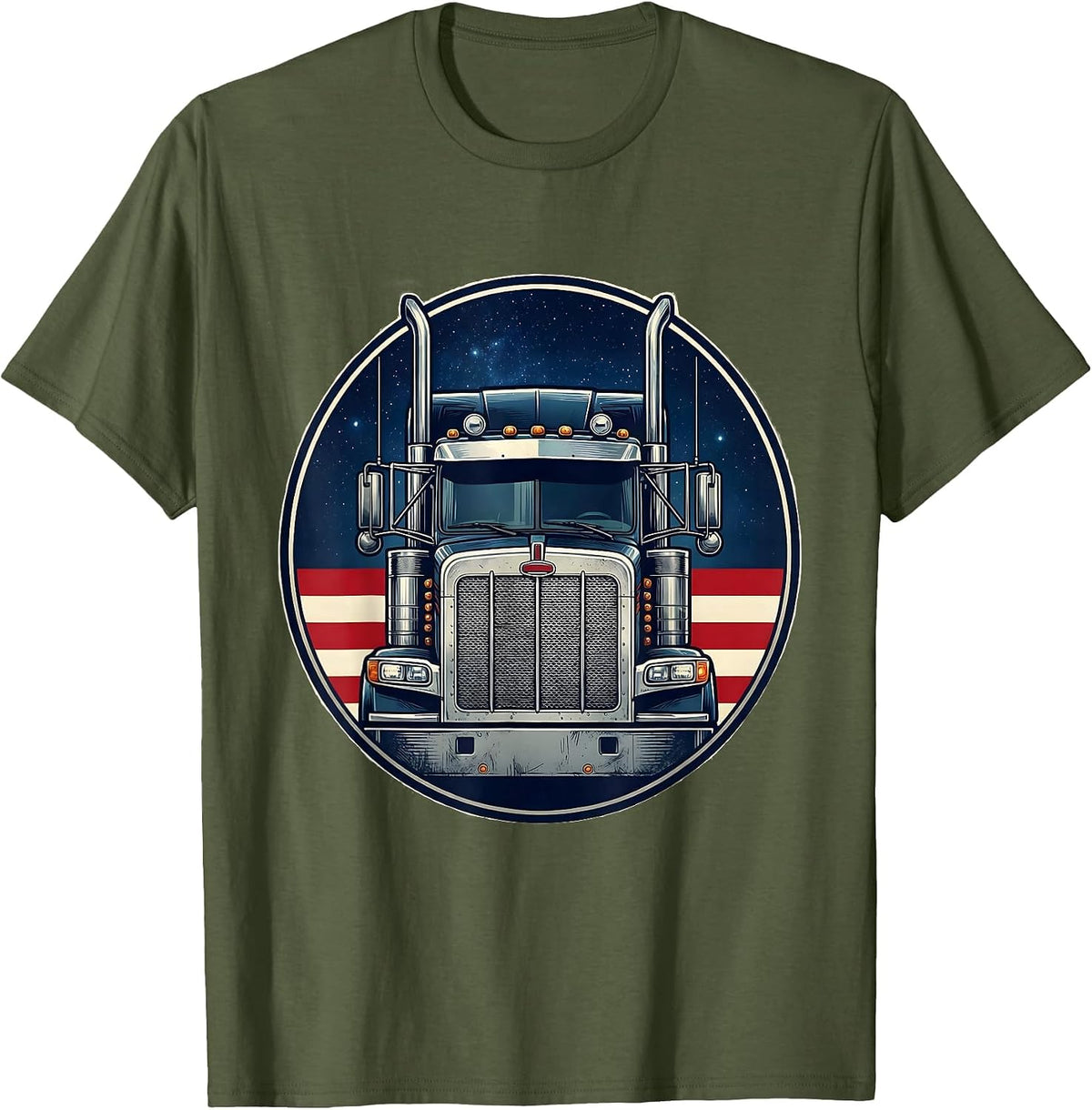 Men's Semi Truck Badge Patriotic American Flag Trucker Gift T-Shirt - Olive Green