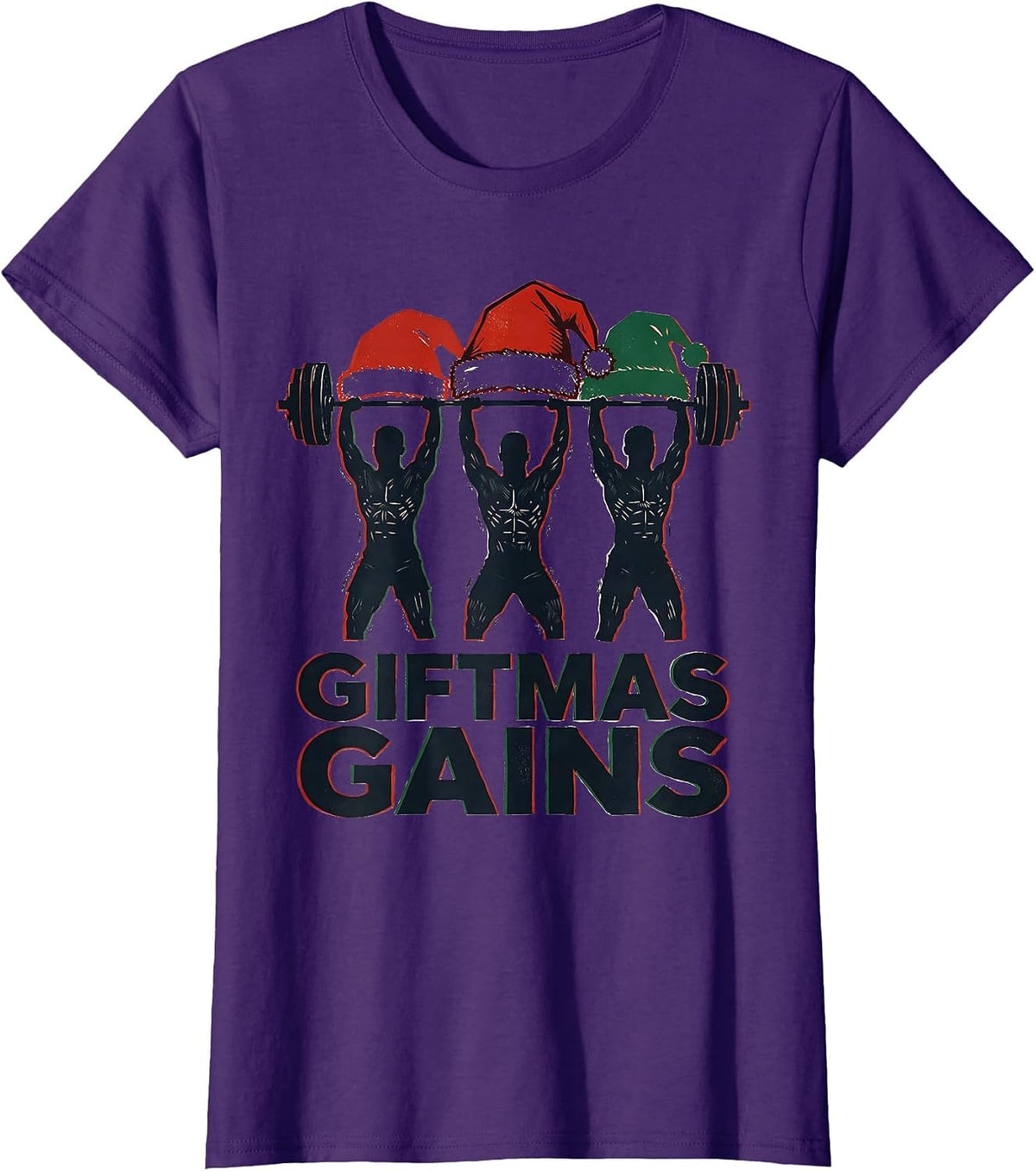 Women's Giftmas Gains Linocut Funny Christmas Gym Weightlifting T-Shirt - Purple