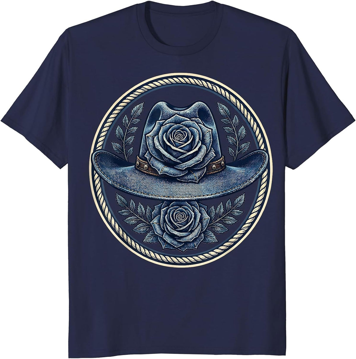 Denim Cowgirl Hat With Roses Graphic T-Shirt - Navy Blue