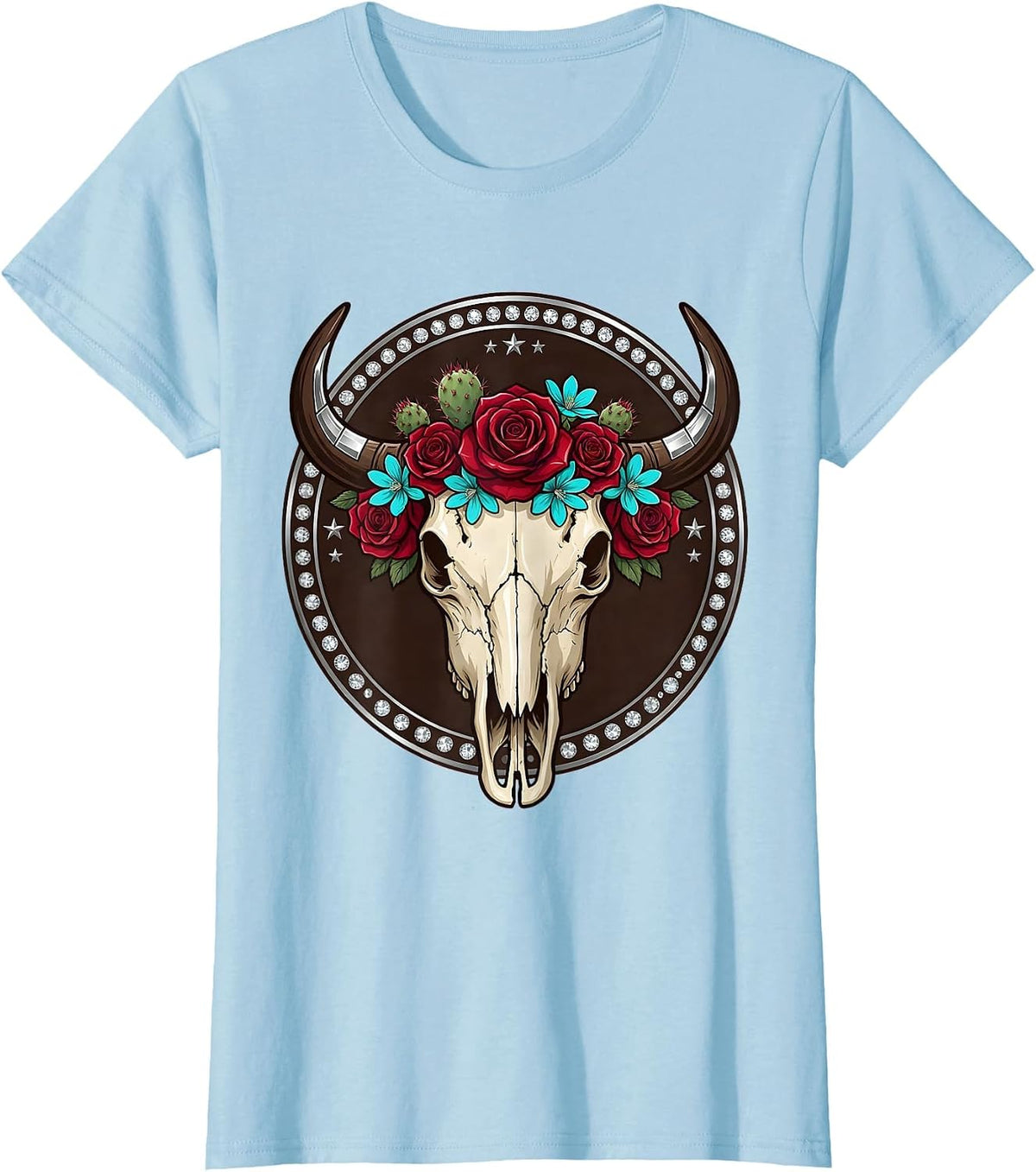 Women's Buffalo Skull Desert Flowers Western Boho Graphic T-Shirt - Baby Blue