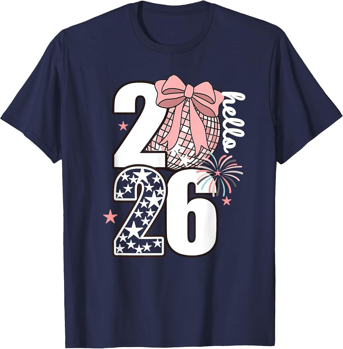 Hello 2026" NYE Shirt Disco Ball Fireworks Party T-Shirt - Navy Blue