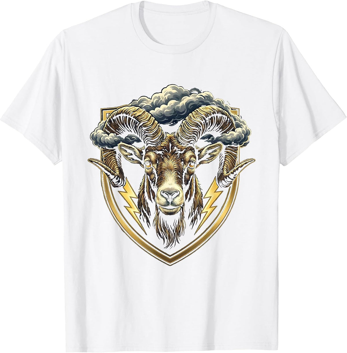 Billy Goat Storm Clouds Swirling Horns Illustration T-Shirt - White
