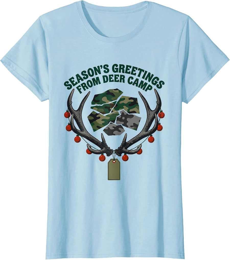 Women's Season's Greetings From Deer Camp Funny Hunting Christmas T-Shirt - Baby Blue