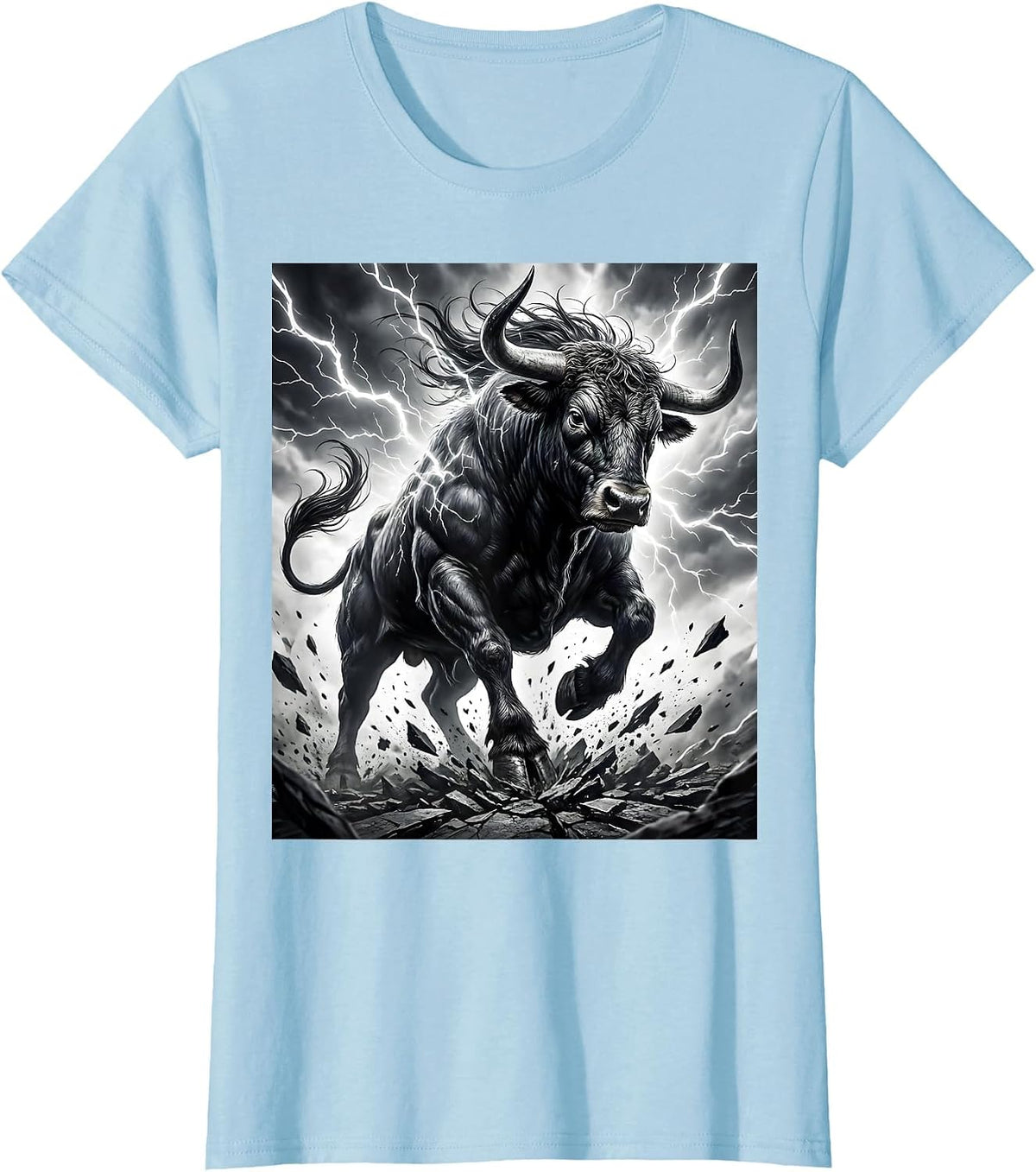 Bull Charging Through Lightning Storm Graphic T-Shirt - Baby Blue