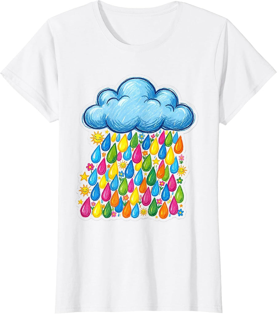 Women's Preschool Teacher Cloud Colorful Letter Rain Design T-Shirt - White
