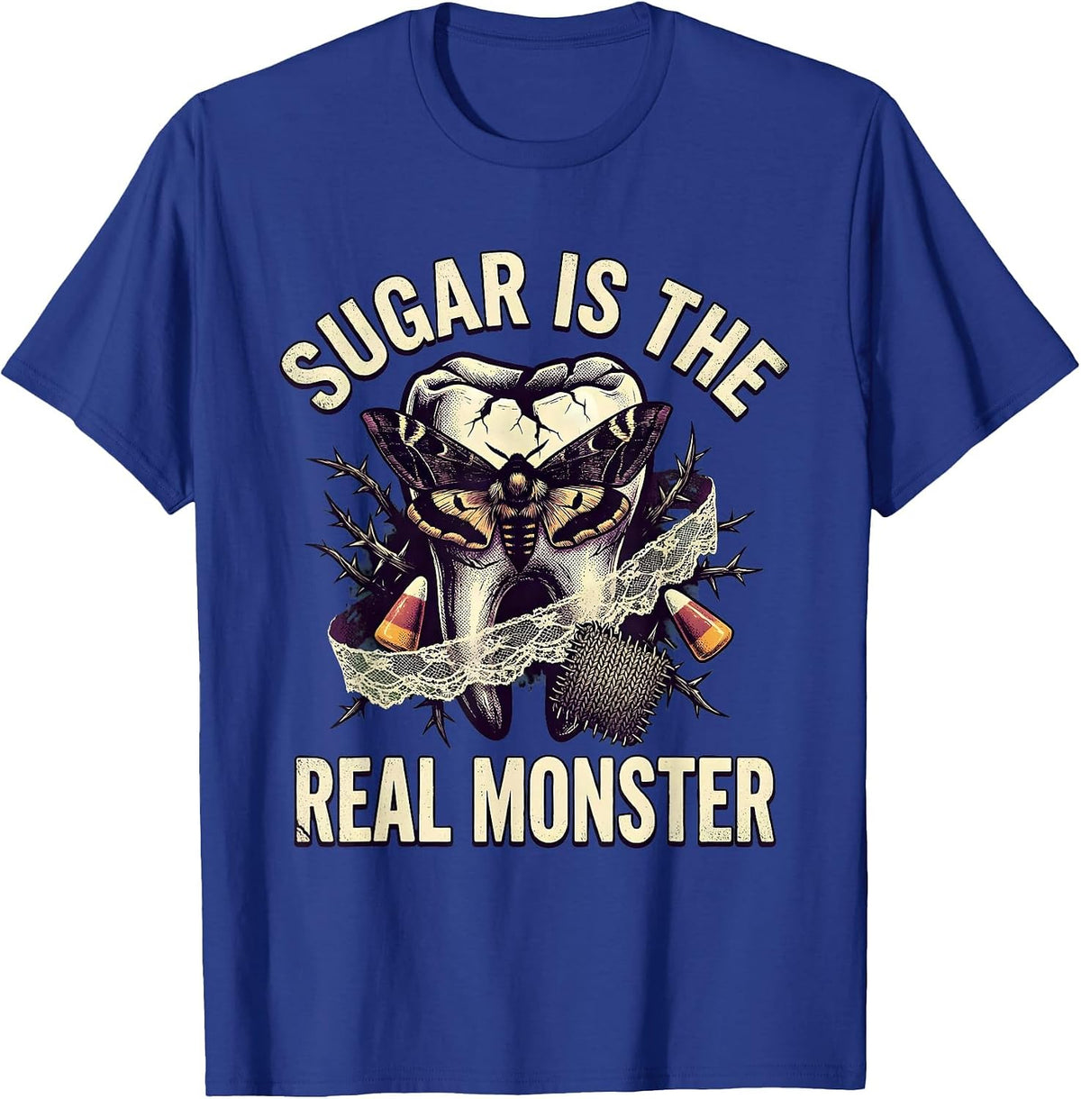 Sugar Is the Real Monster Dental Halloween Design T-Shirt - Royal Blue