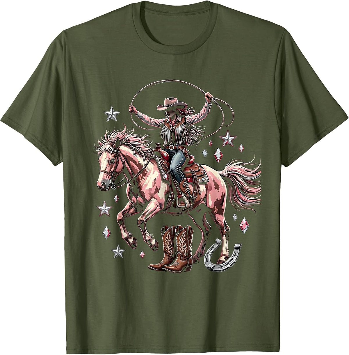 Pink Cowgirl Riding Bucking Bronco Rodeo Art T-Shirt - Olive Green