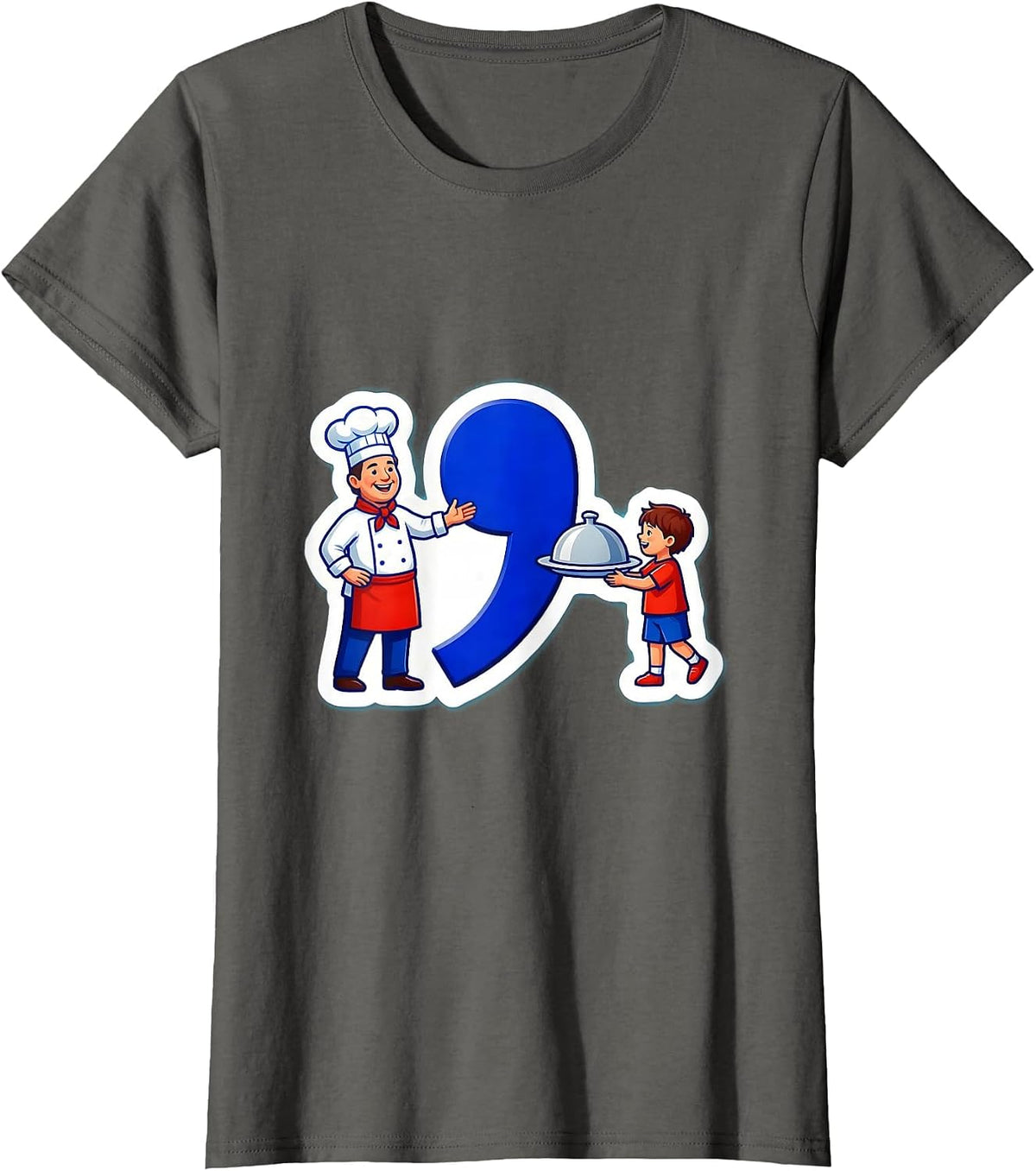 Women's Oversized Comma Grammar Teacher Sticker Humor T-Shirt - Asphalt Grey