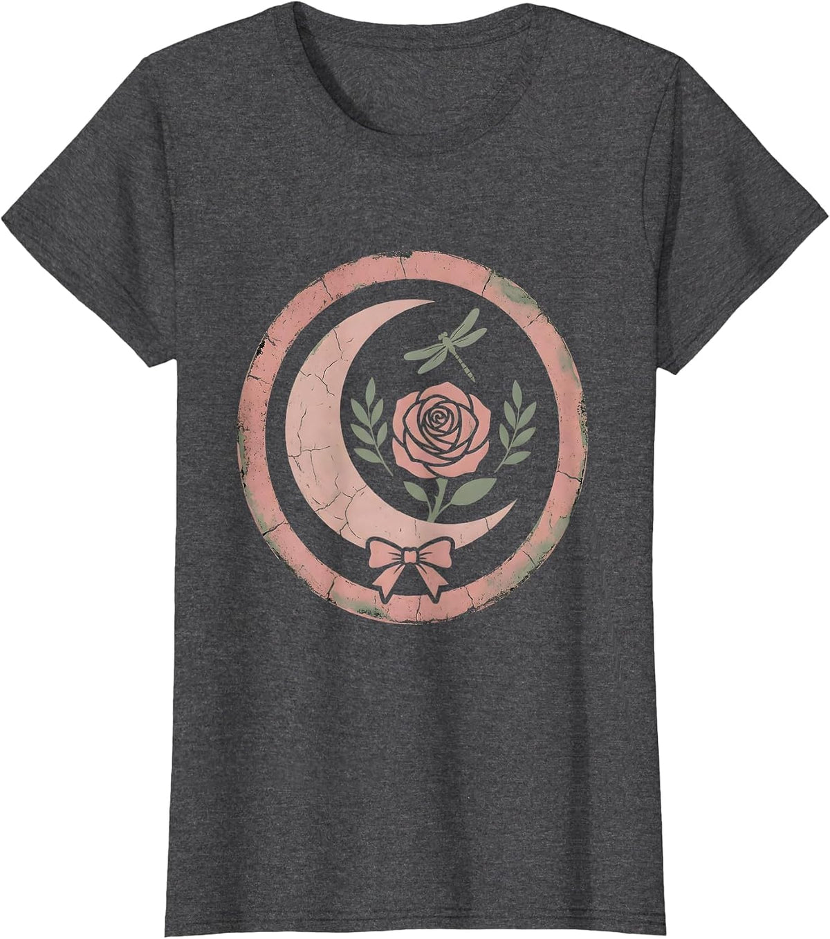 Women's Crescent Moon Rose Western Boho Graphic Design T-Shirt - Dark Heather Grey