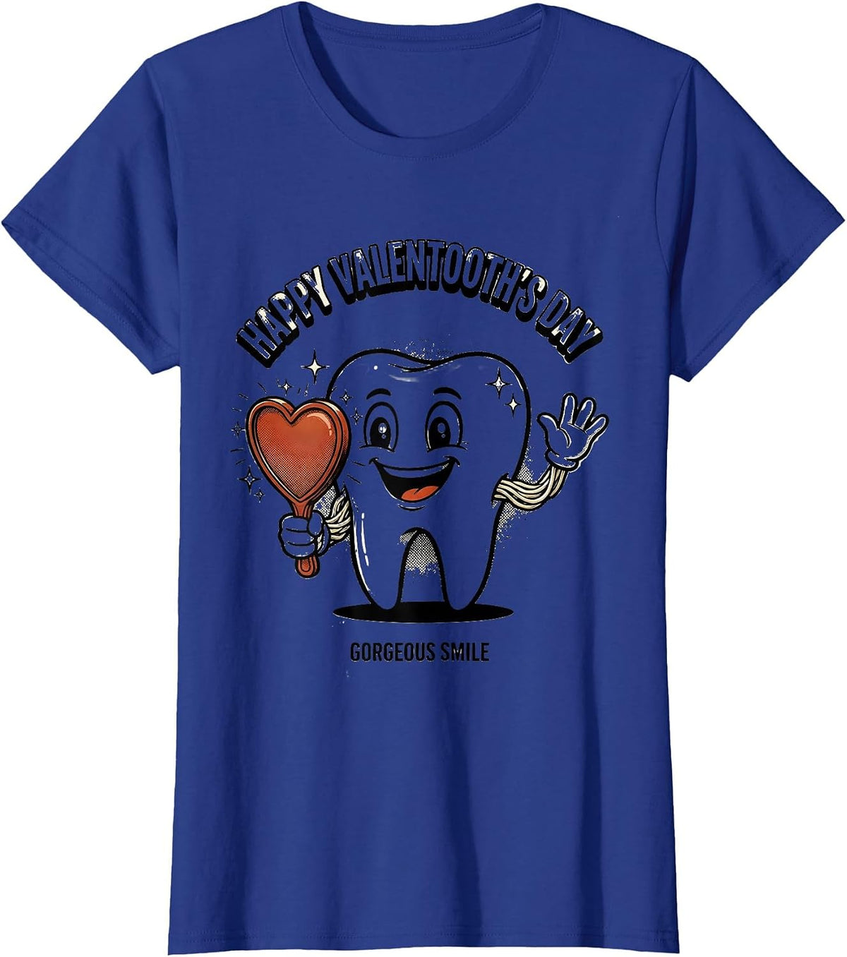 Women's Happy Valentooth's Day Gorgeous Smile Retro Cartoon Dental T-Shirt - Royal Blue