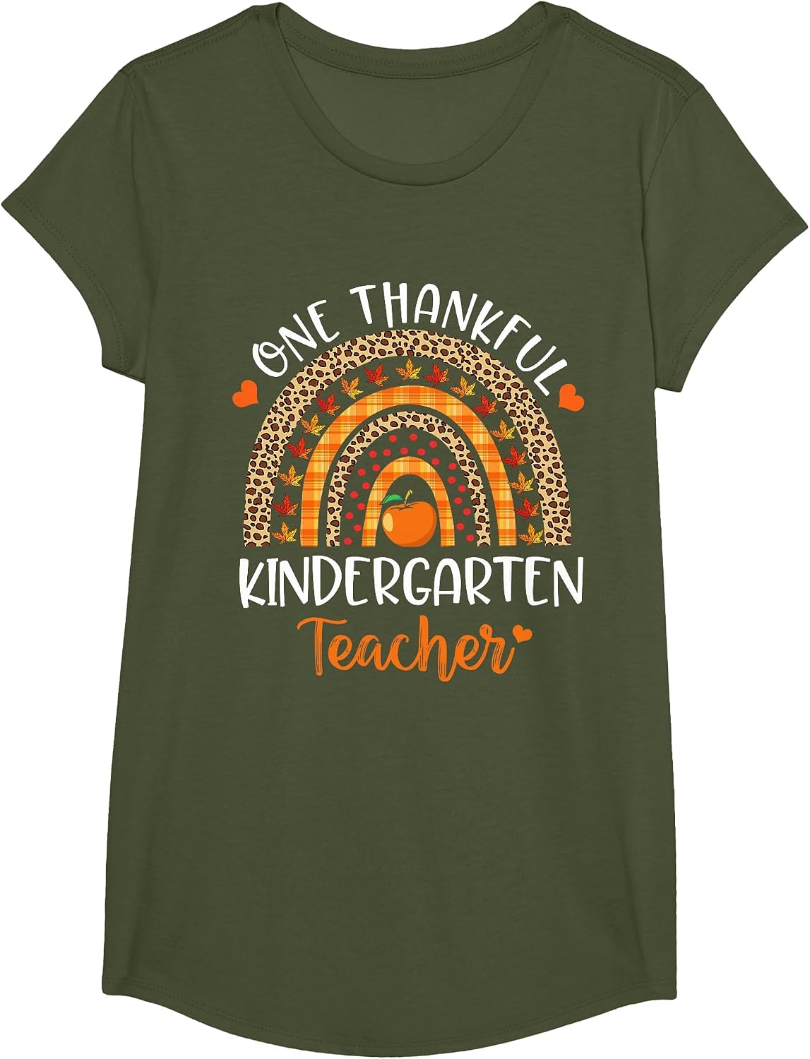One Thankful Kindergarten Teacher Thanksgiving Rainbow Funny T-Shirt - Girls Olive Green