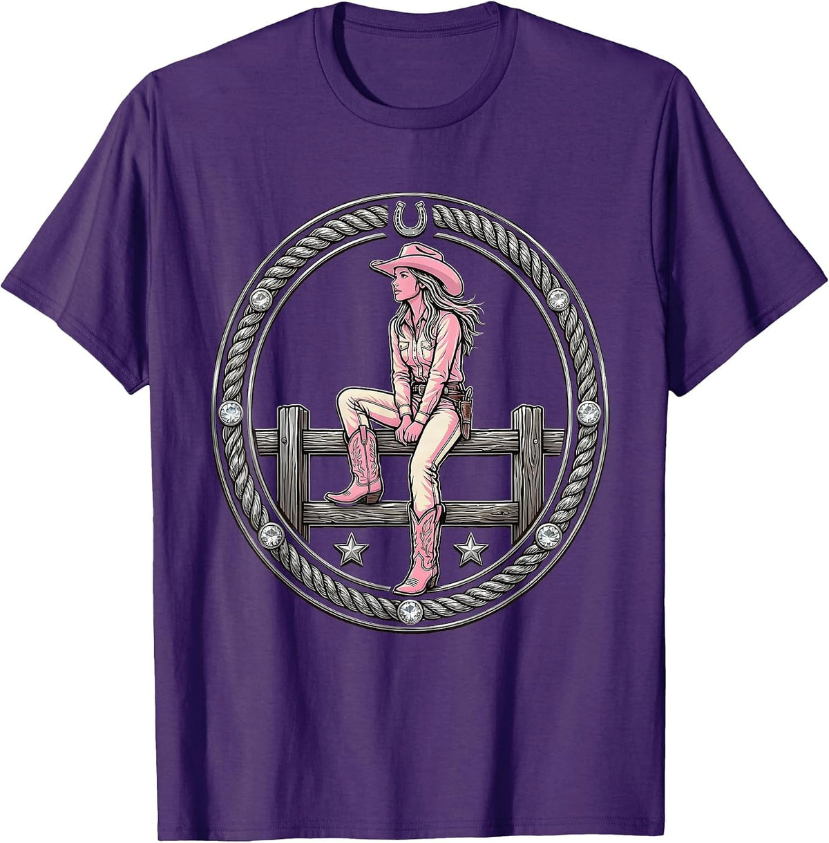 Cowgirl on Fence Rail Rodeo Arena Illustration T-Shirt - Purple