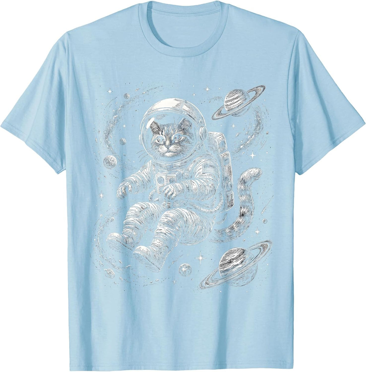Men's Cat Astronaut Floating in Deep Space Illustration T-Shirt - Baby Blue