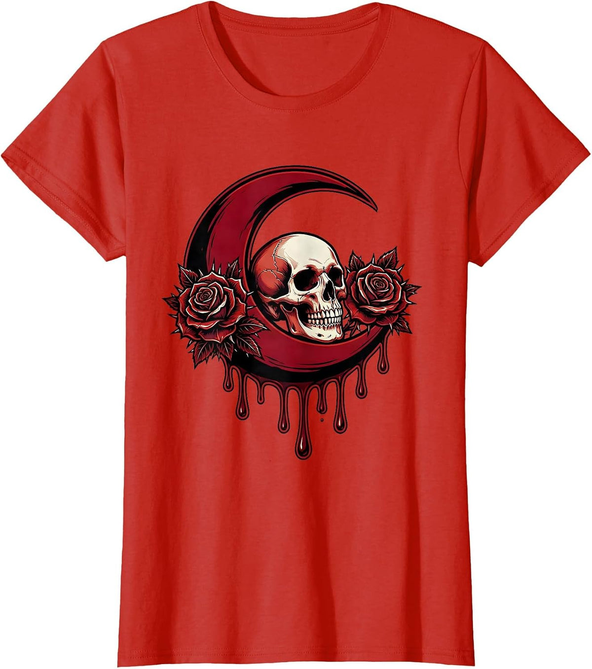 Crescent Moon Dripping Blood Horror Graphic T-Shirt - Red