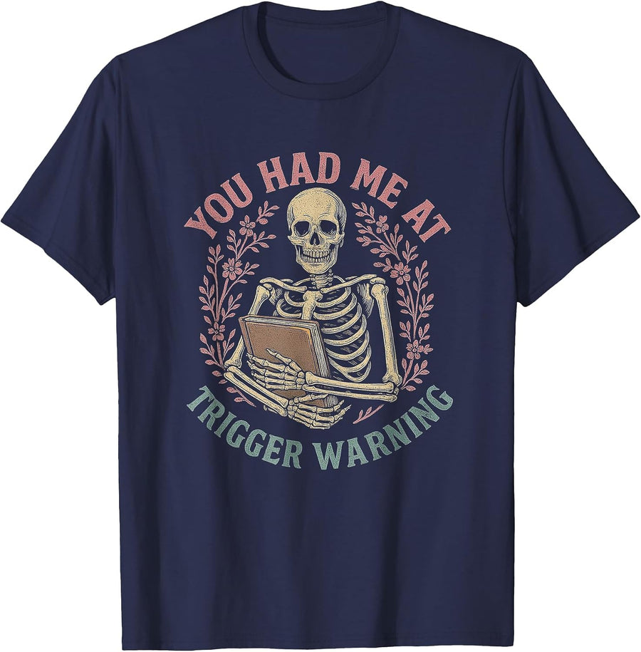 Dark Romance Had Me at Trigger Warning Skeleton Smutt Book T-Shirt - Navy Blue