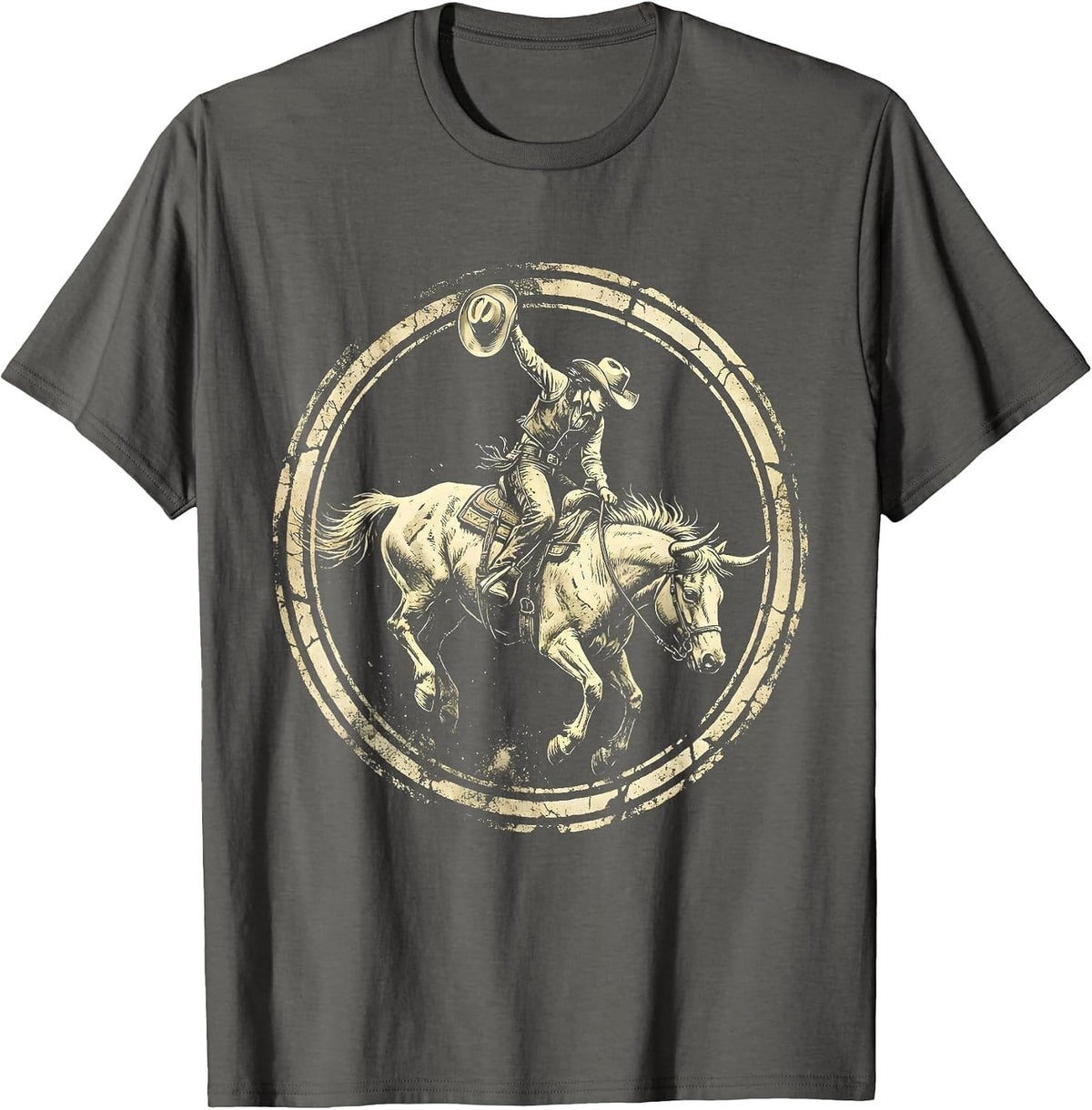 Cowgirl Bucking Bronco Rodeo Graphic Design T-Shirt - Asphalt Grey