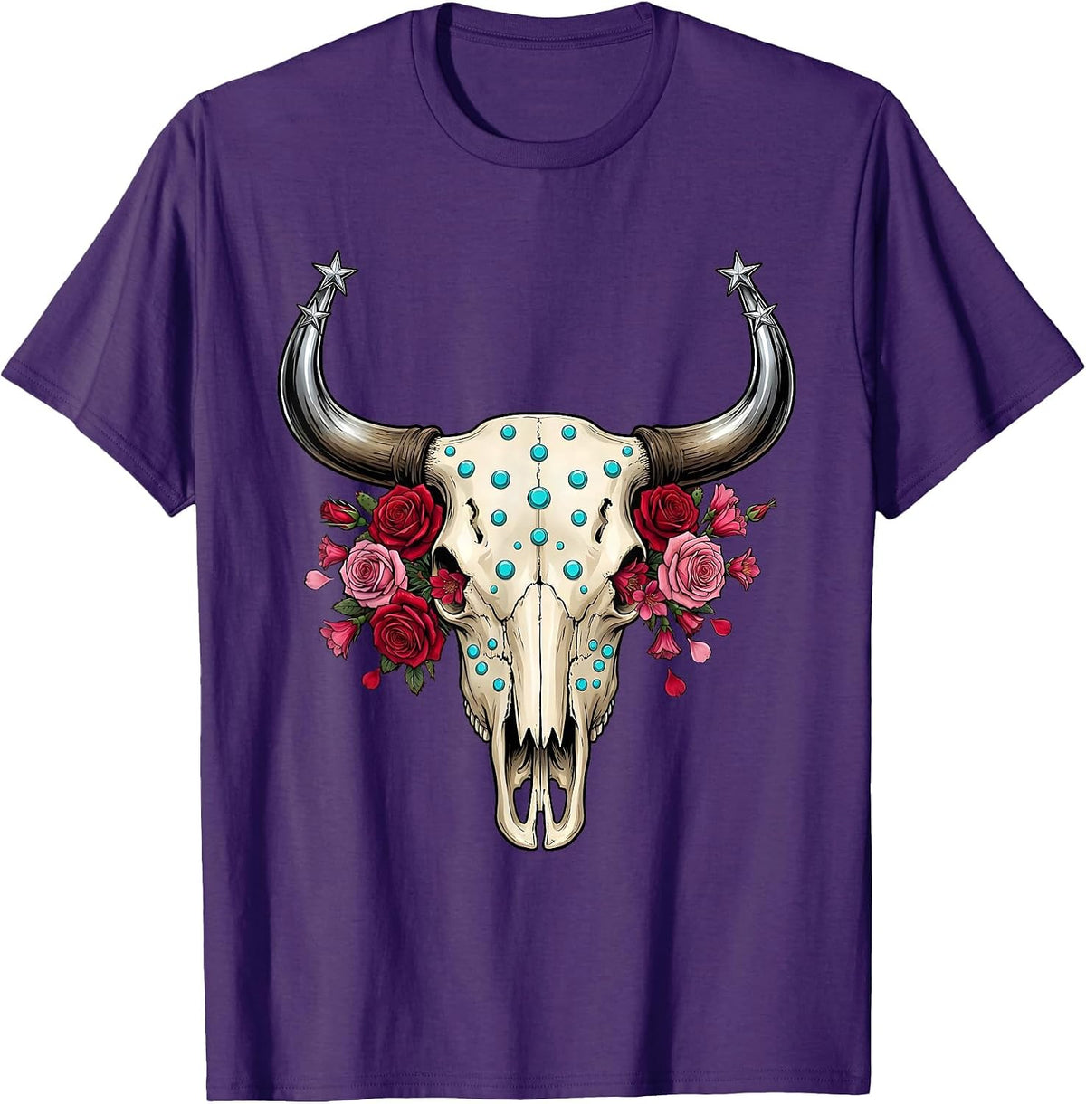 Bull Skull Desert Flowers Western Graphic Tee T-Shirt - Purple