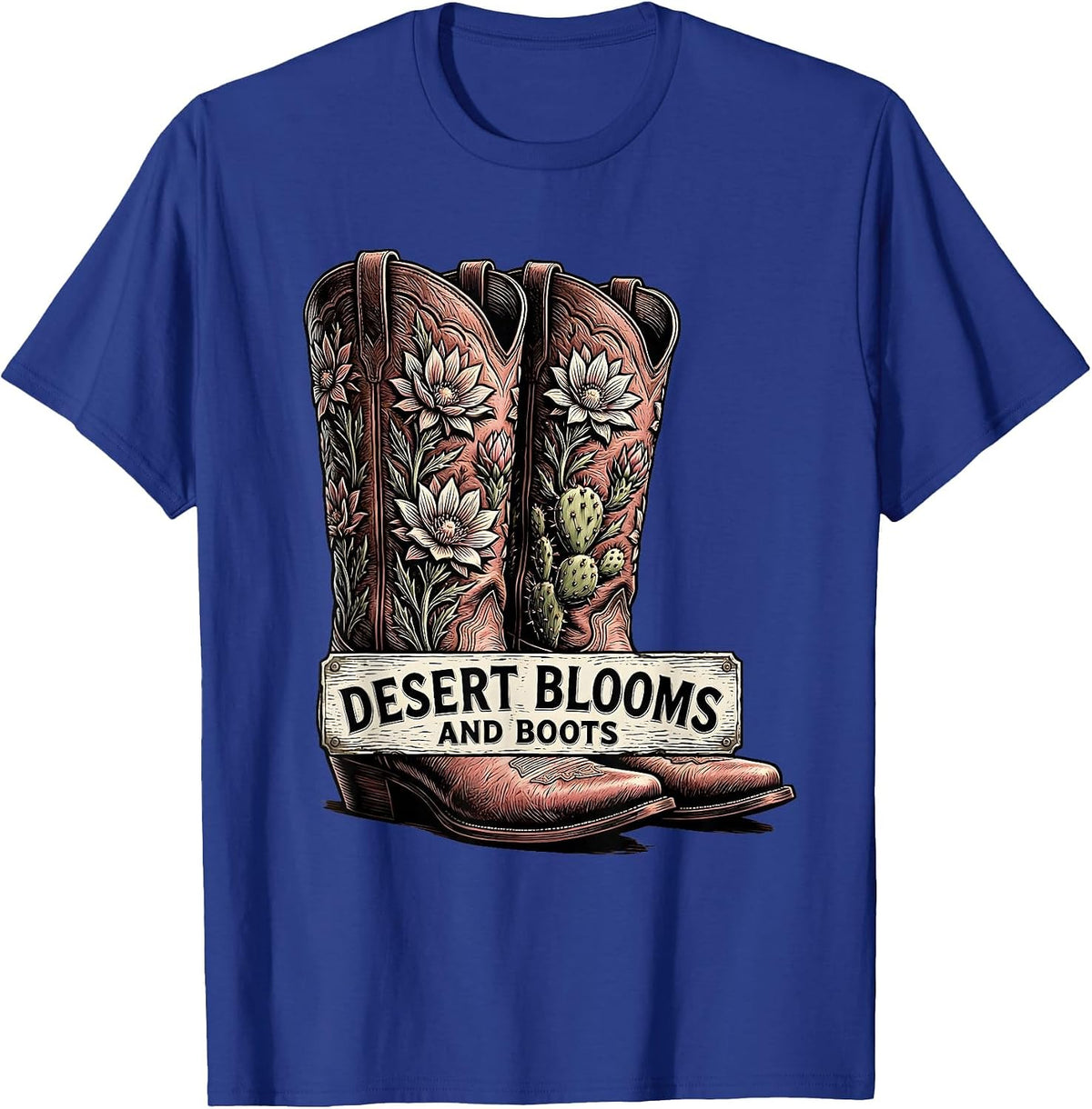 Desert Blooms and Boots Western Nature Design T-Shirt - Royal Blue