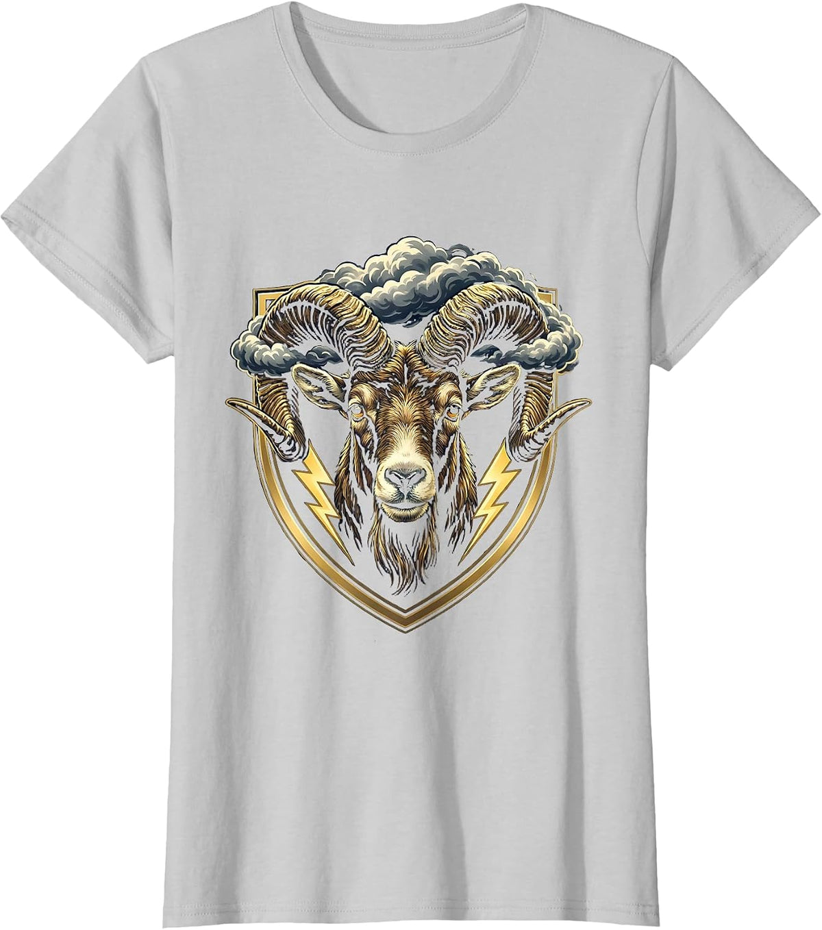 Billy Goat Storm Clouds Swirling Horns Illustration T-Shirt - Silver Grey