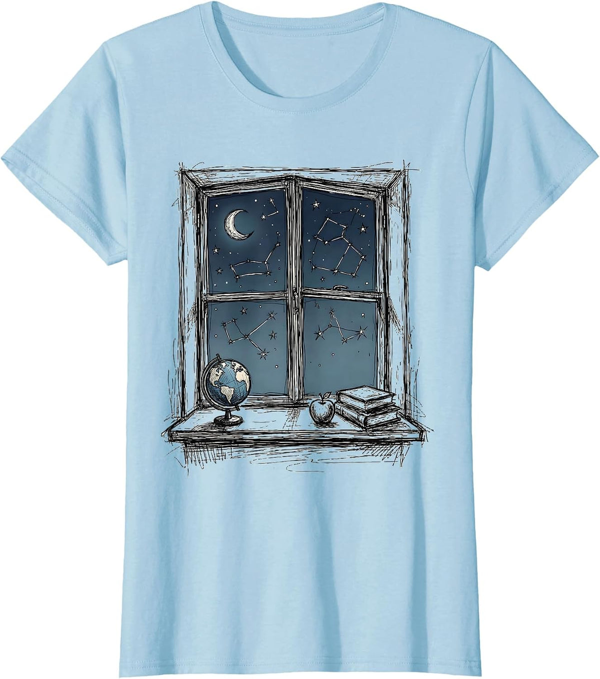 Night Sky Classroom Window Teacher Graphic T-Shirt - Baby Blue