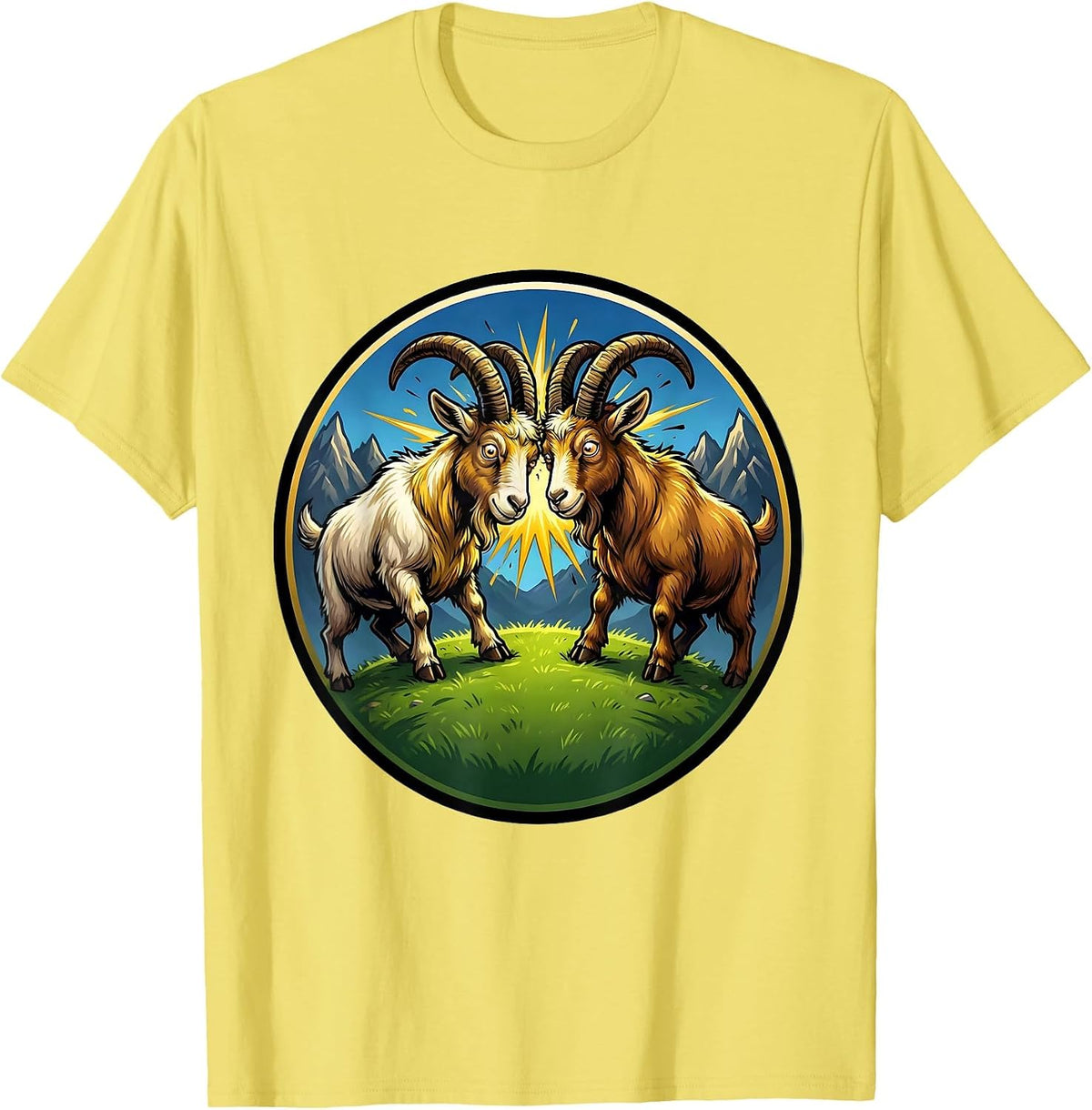 Men's Dueling Goats Locking Horns on a Hilltop T-Shirt - Lemon Yellow