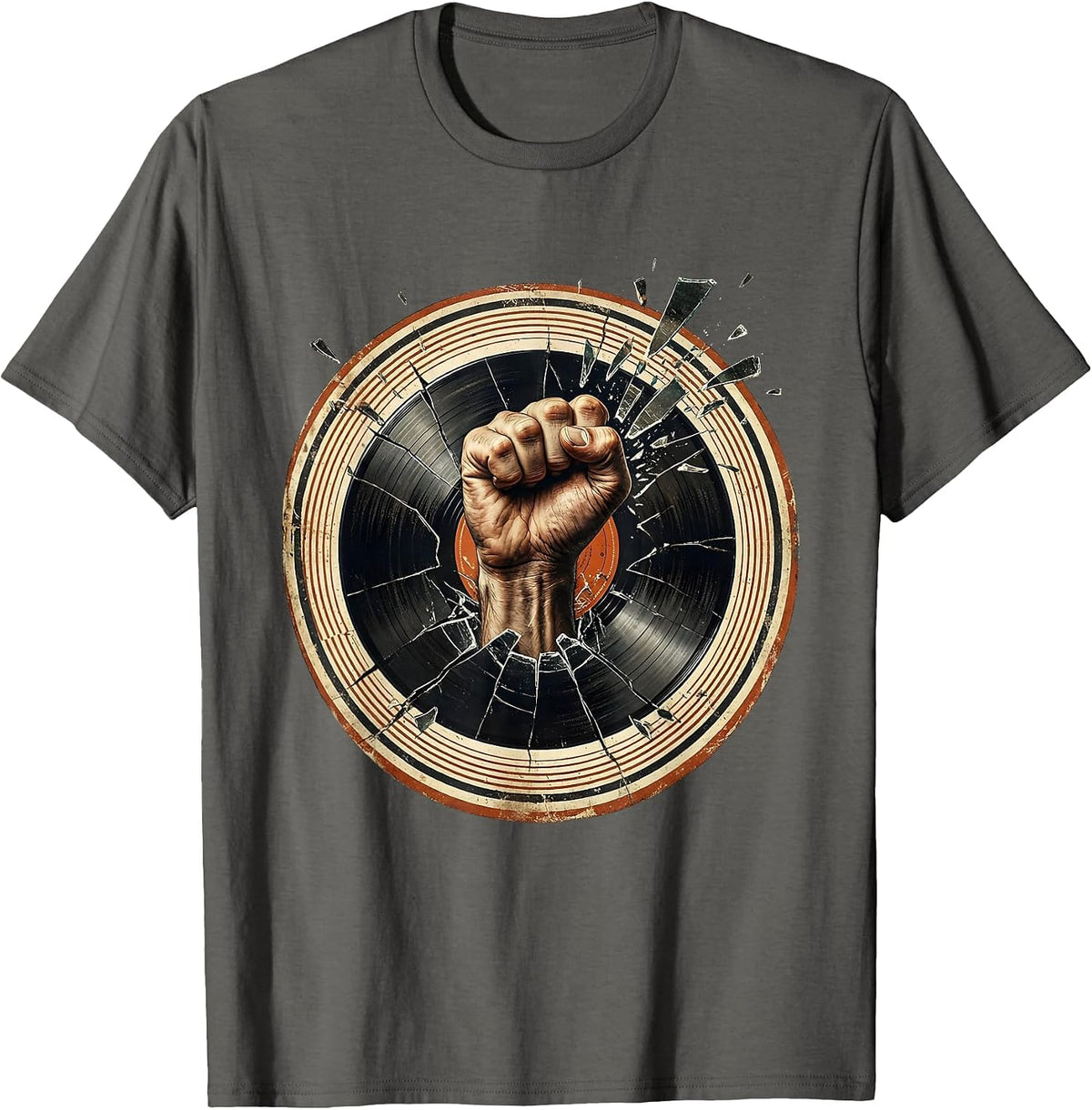 Rock Fist Punching Through Vinyl Record Graphic T-Shirt - Asphalt Grey