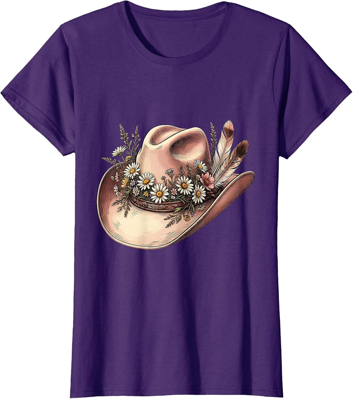 Women's Wildflower Cowgirl Hat Western Graphic Design T-Shirt - Purple
