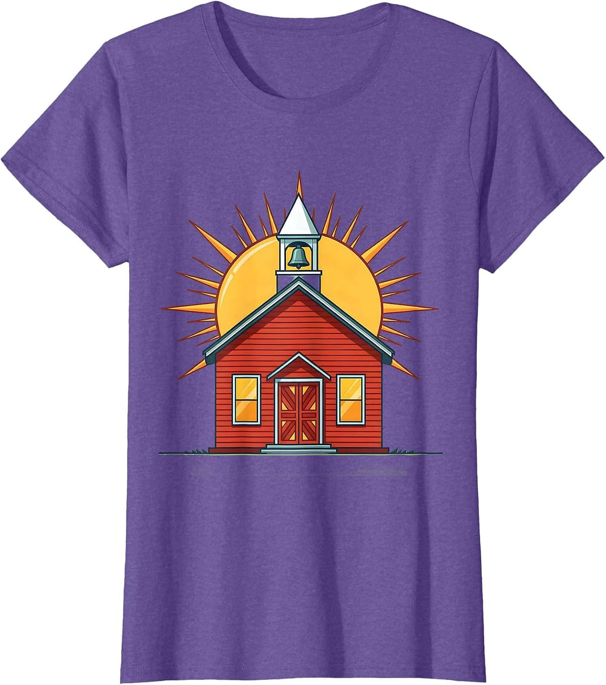 Second Grade Teacher Schoolhouse Sunrise Design T-Shirt - Purple Heather