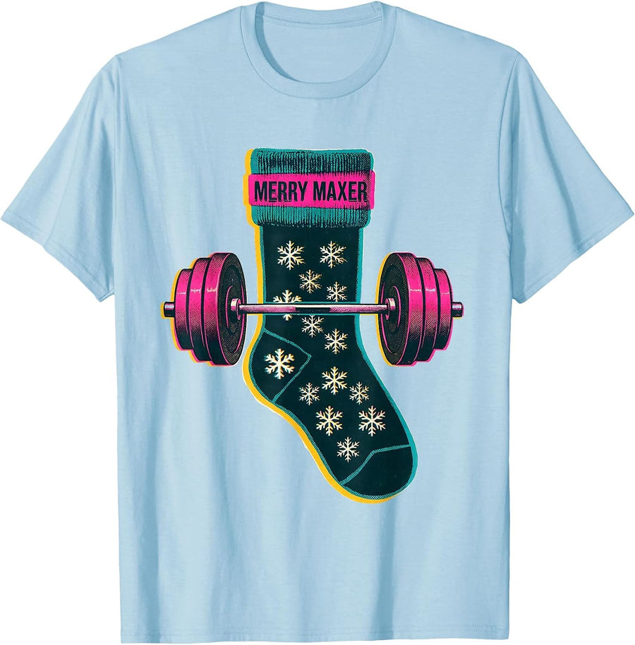 Men's Merry Maxer Risograph Christmas Gym Bodybuilder Humor T-Shirt - Baby Blue