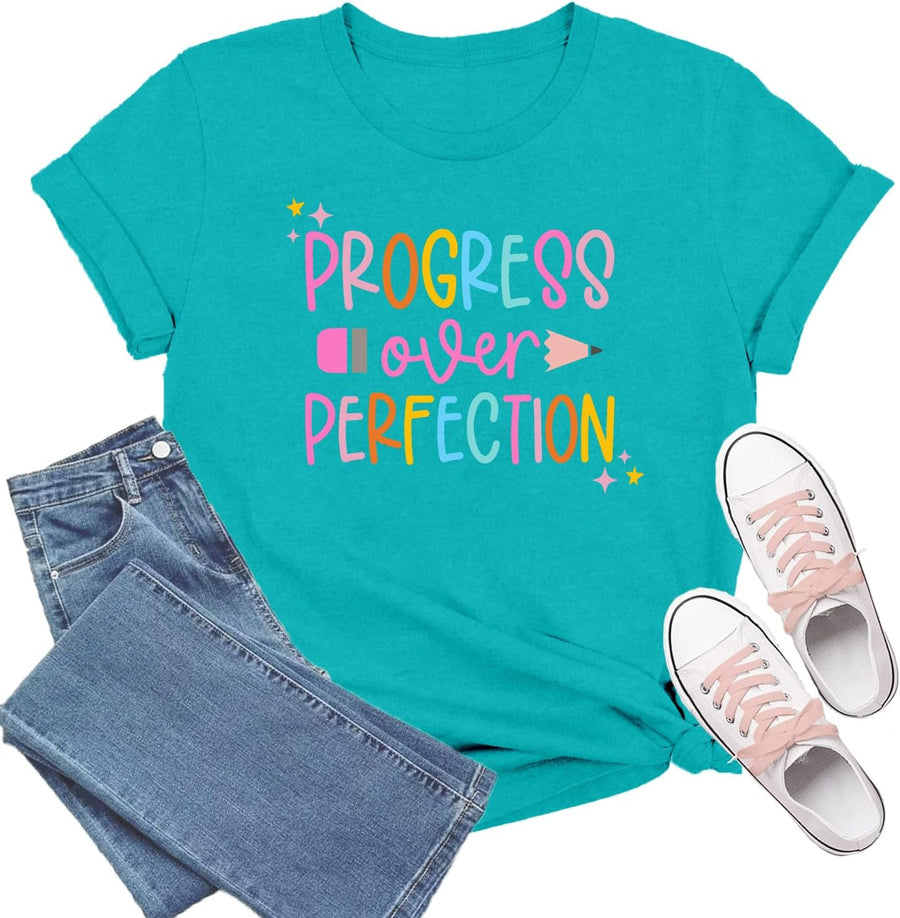 Teacher Shirts for Women Teaching T-Shirt Progress Over Perfection Tee Tops - Cyan