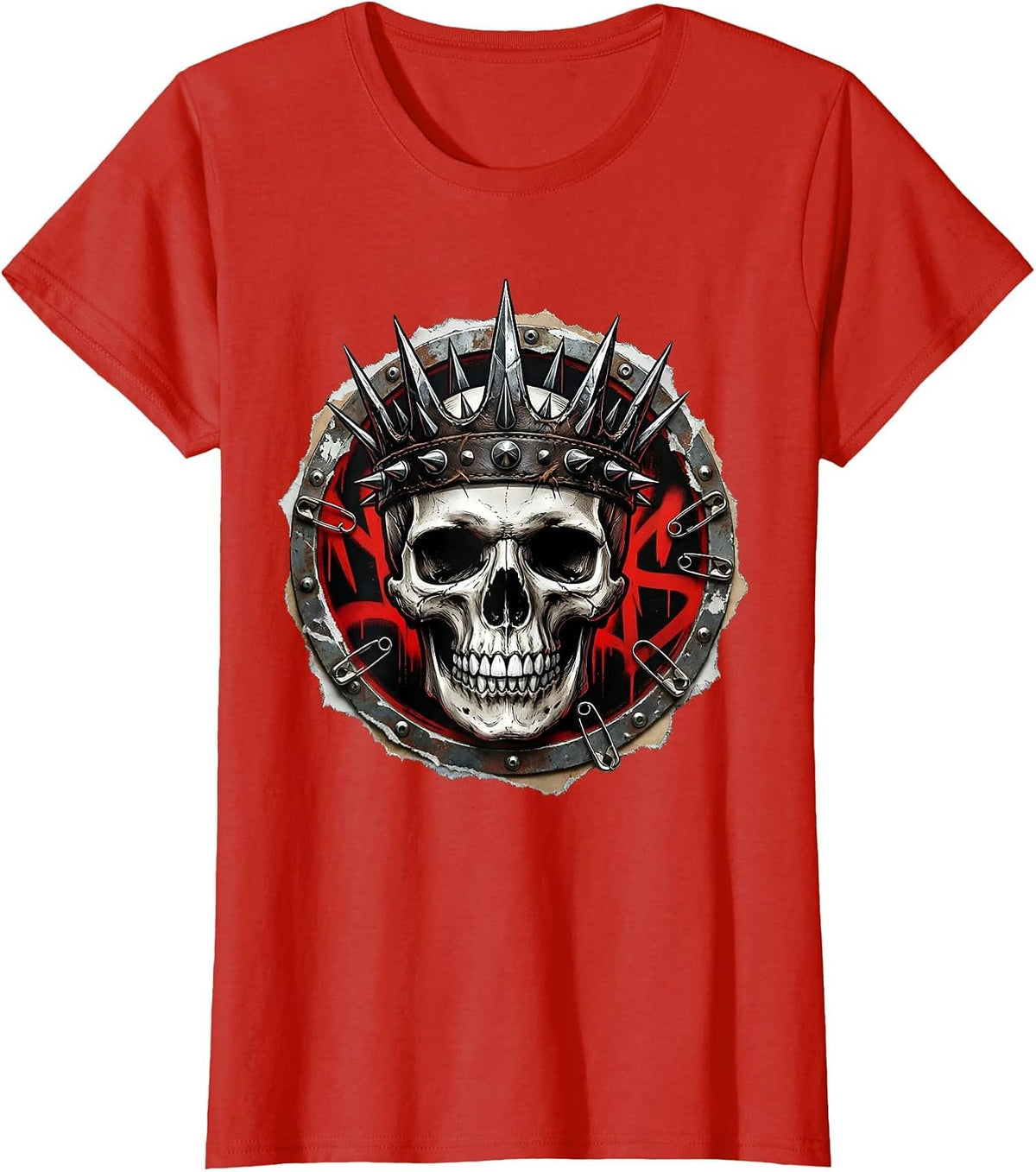 Skull Spiked Leather Crown Rock Graphic Tee T-Shirt - Red