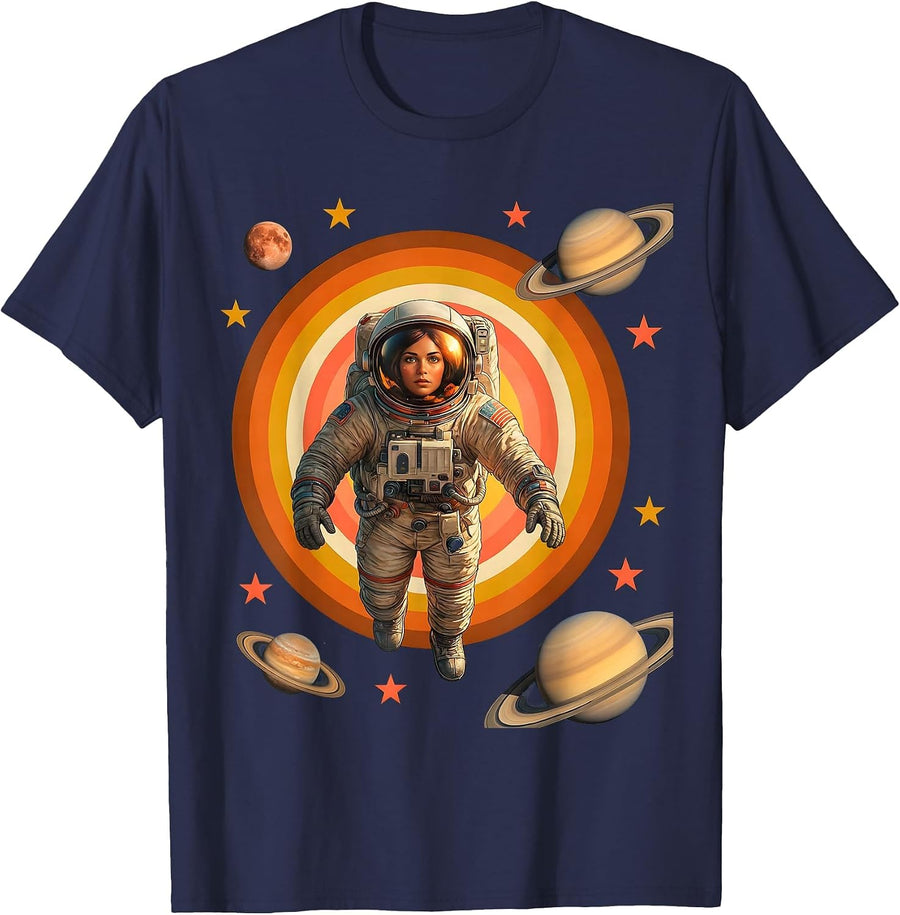 Astronaut Floating in Space Lets Go Girls T-Shirt - Navy Blue