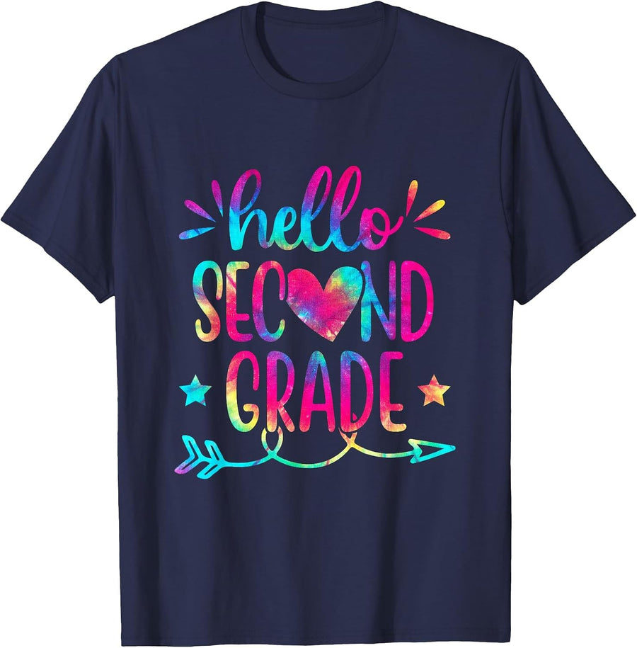 Tie Dye Hello Second 2nd Grade Teacher First Day of School T-Shirt - Navy Blue