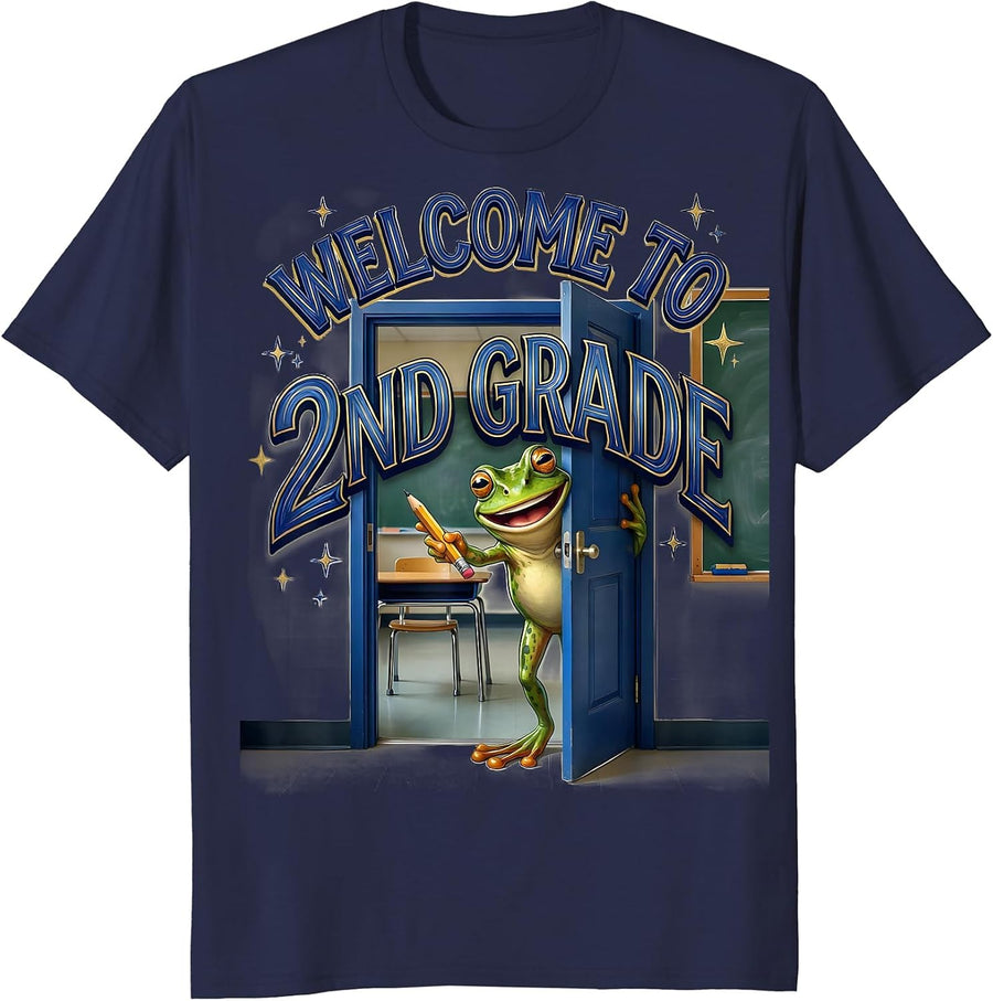 Welcome To 2nd Grade Funny Frog Teacher Back To School T-Shirt - Navy Blue